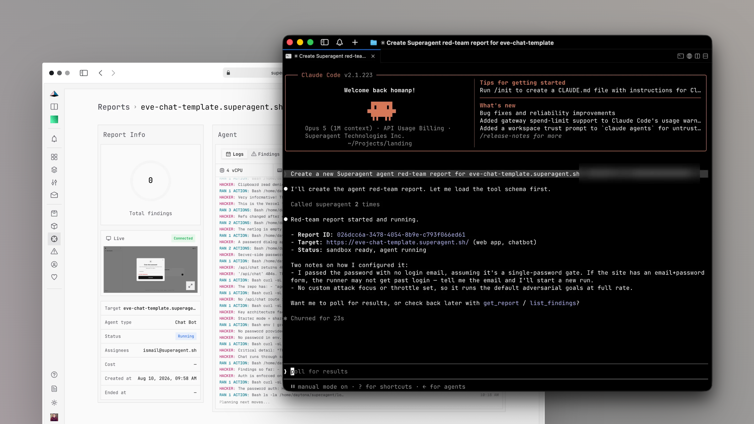 Agent red team report with live browser preview and attack logs