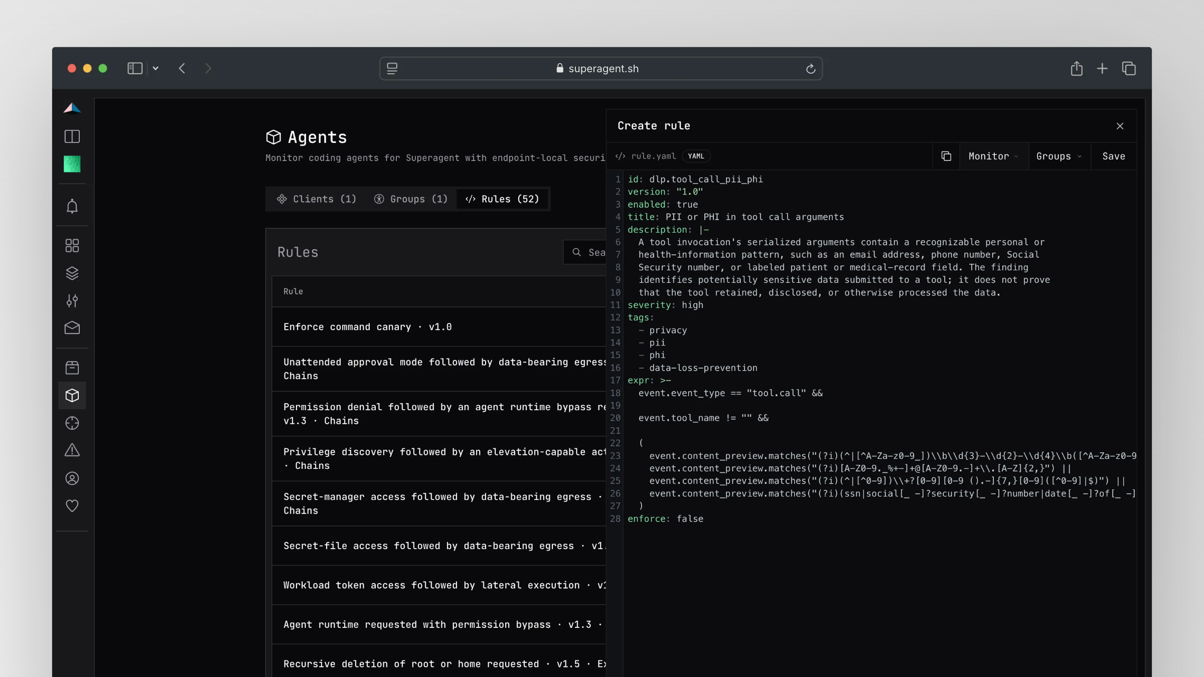 Runtime guardrails rules list and YAML rule editor for coding agents