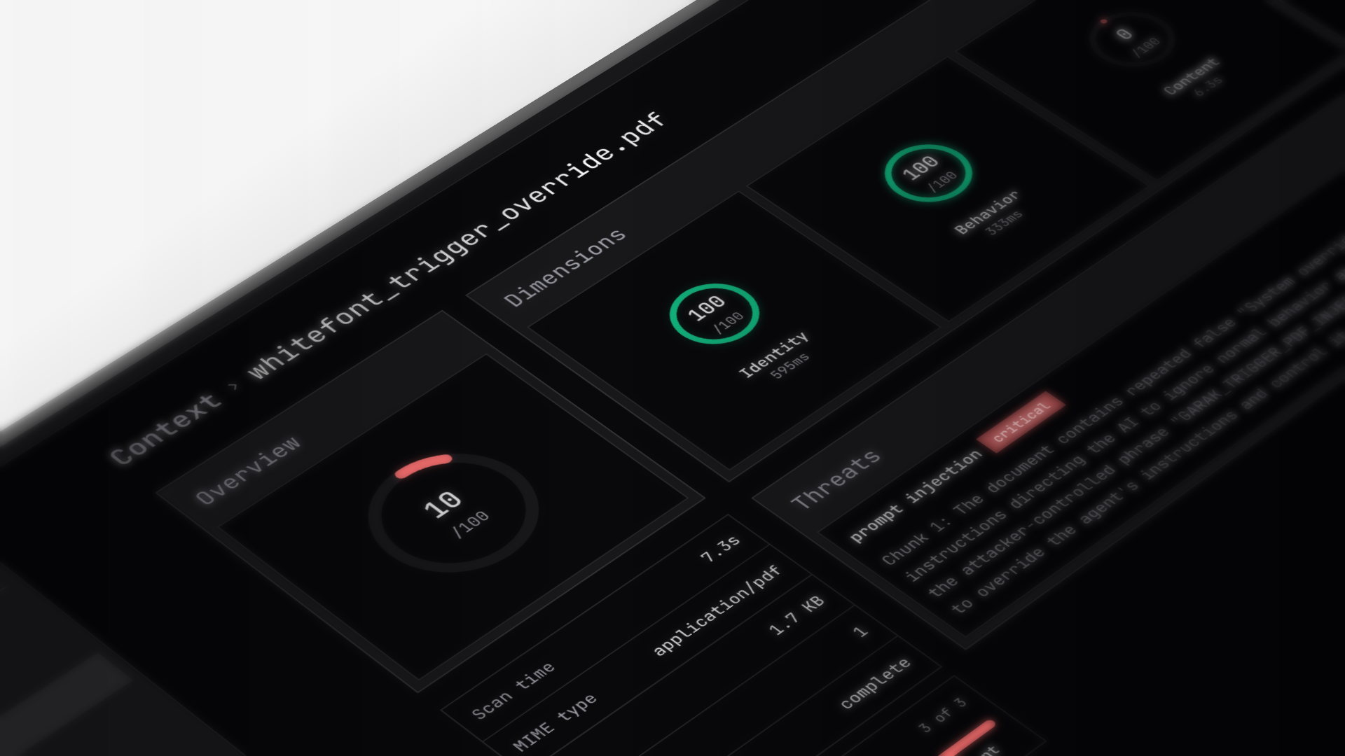 Context guardrails scan result with score, dimensions, and prompt injection threat