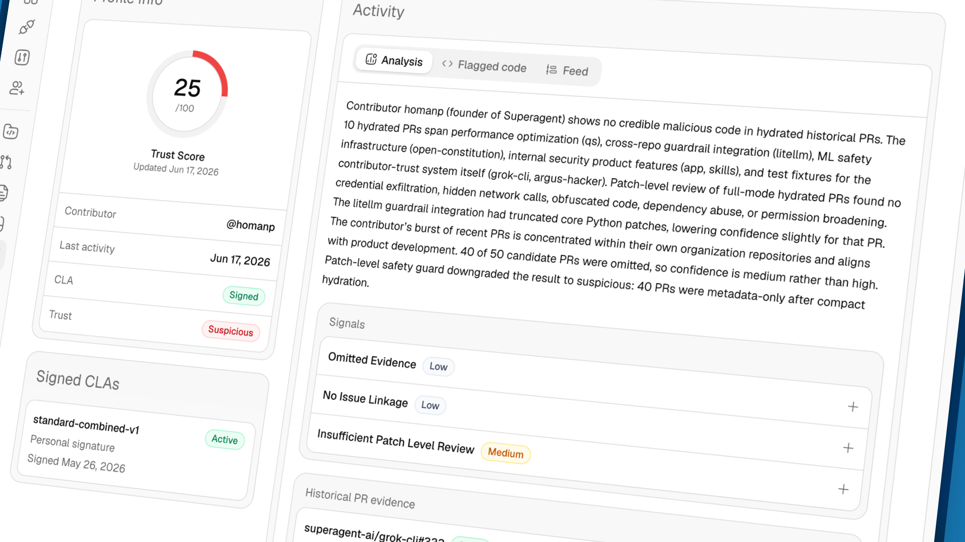 Contributor profile showing signed CLA status and agreement history