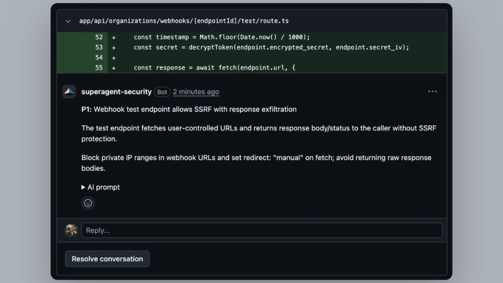 GitHub pull request inline comment flagging an SSRF vulnerability in changed code